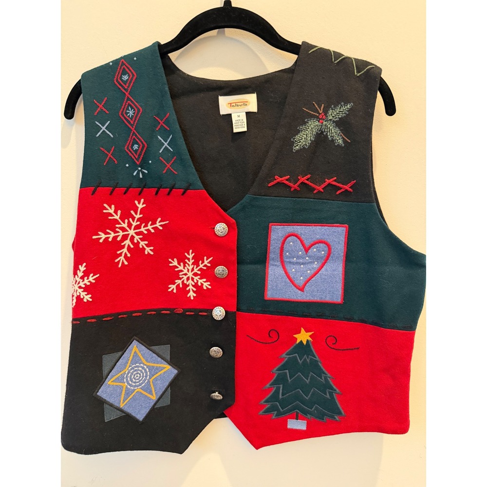 Talbots Medium Embroidered Christmas Holiday Vest Black Red Patchwork Wool Blend